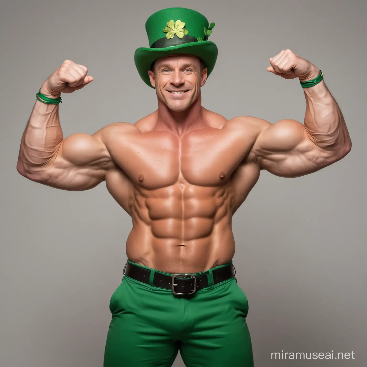 PixarStyle Topless Beefy Irish Leprechaun IFBB Bodybuilder wearing unbuttoned Irish Green Attire Outfit Tall Green Hat Flexing his Big Strong Arm and Holding Irish Shamrocks