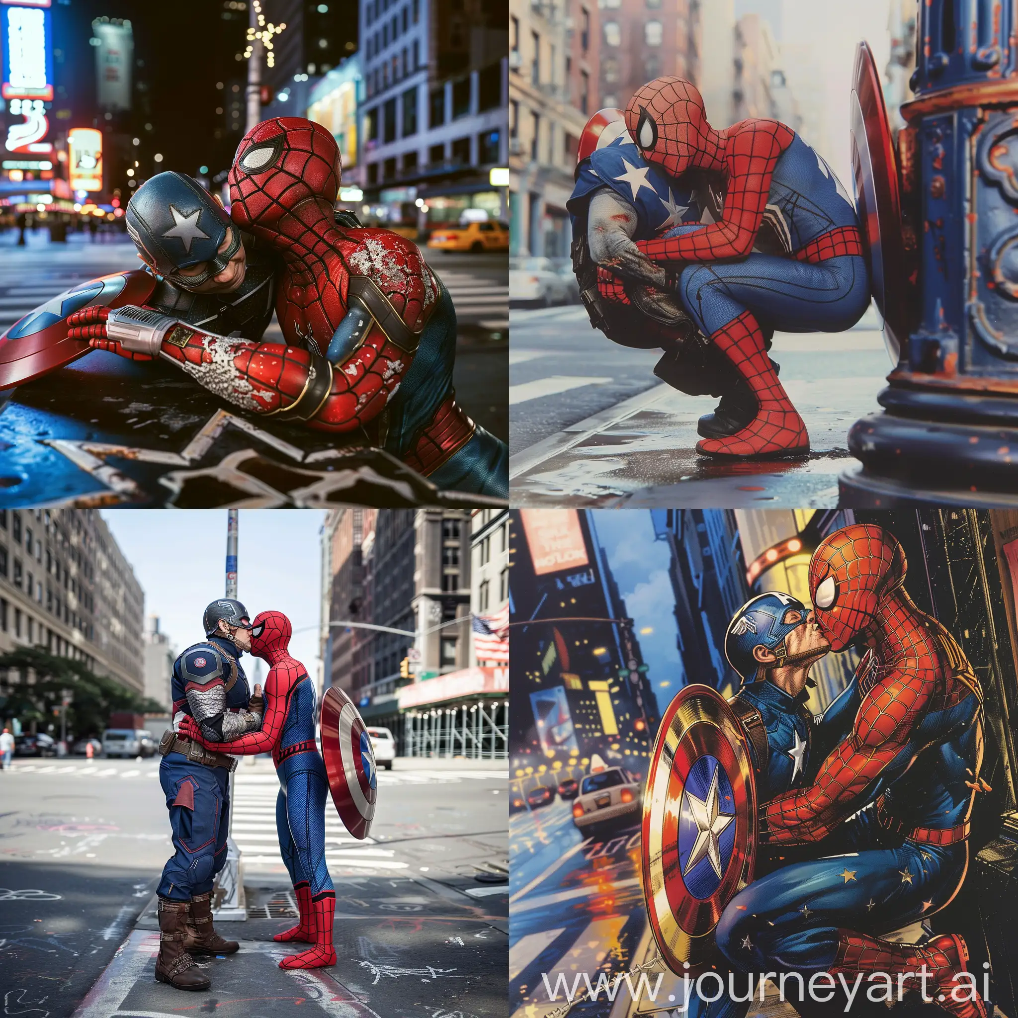 Spiderman besando a el Capitan America en una esquina de New York.