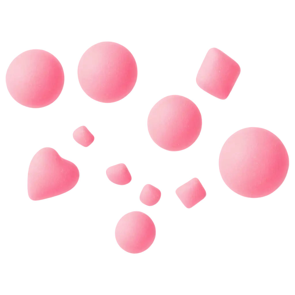 different shaped pink  bubbles blown from chewing gum and pieces of chewing gum