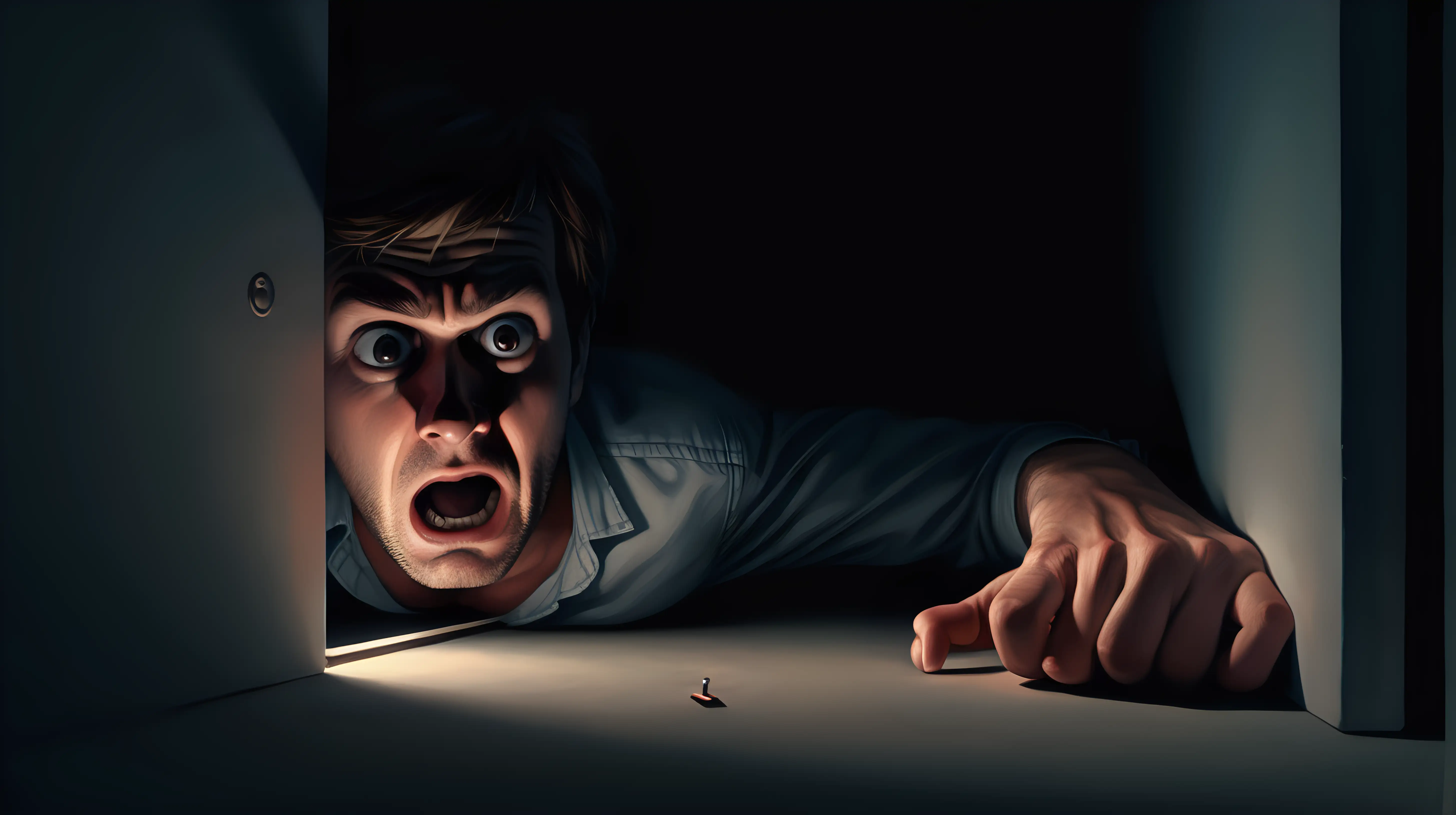 scared lying man in complete darkness trying to pull tiny slot
