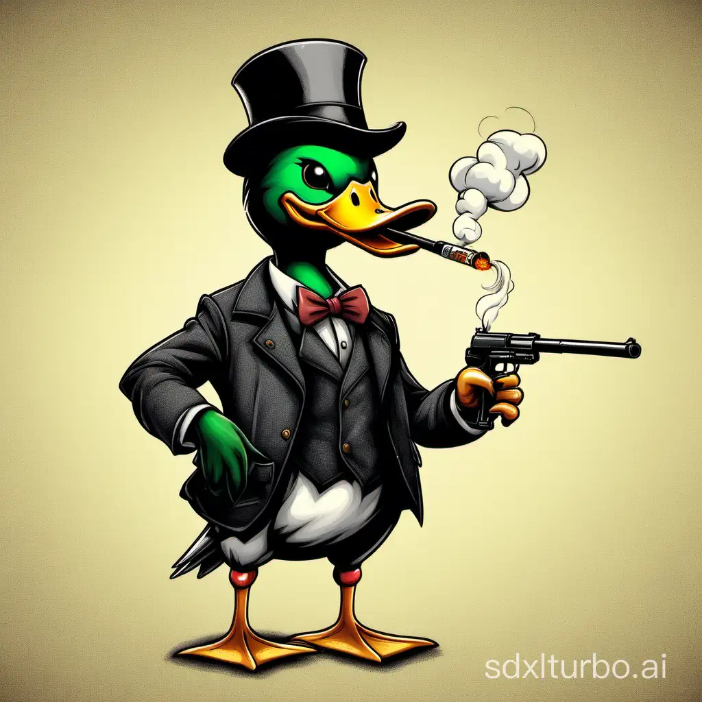 a duck smoking a cigarette and holding a gun