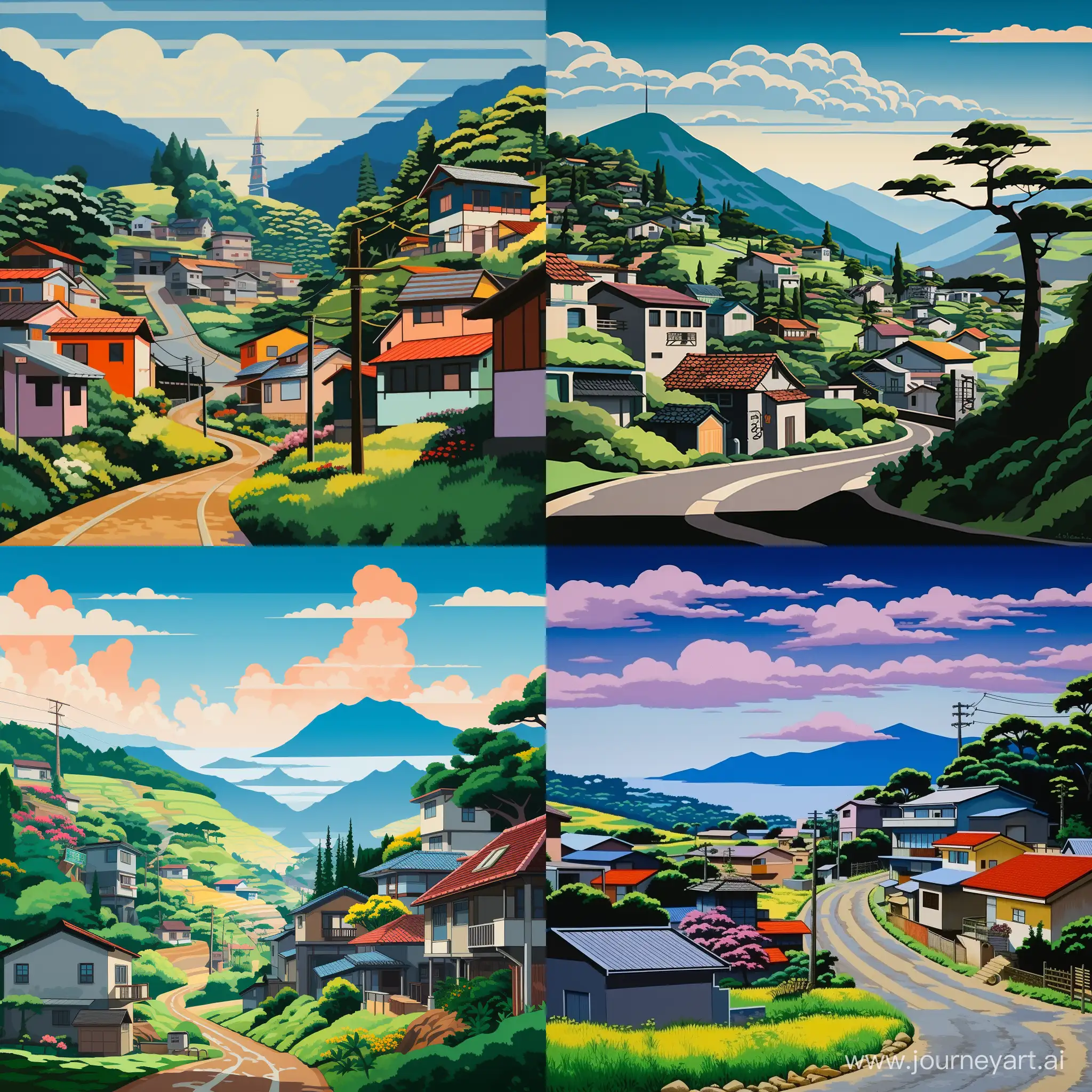 A picture of a village in Japan inspired by Hiroshi Nagai and the City Pop Art Style