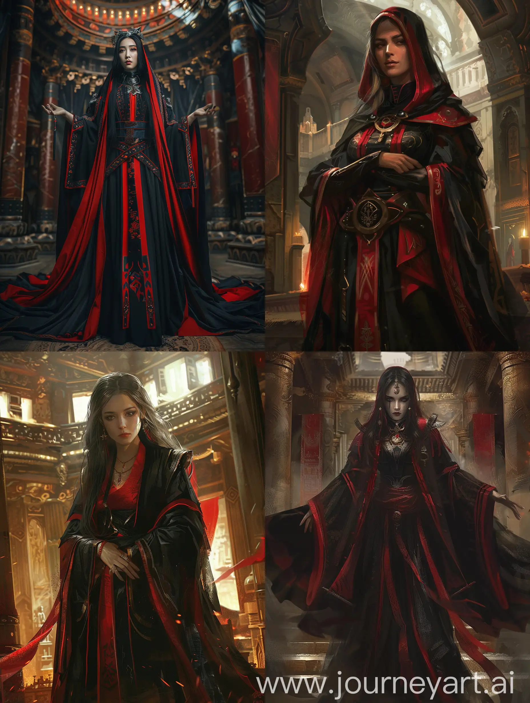 dungeons and dragons dark fantasy female priestess black and red robes temple interior dramatic lighting portrait Ima