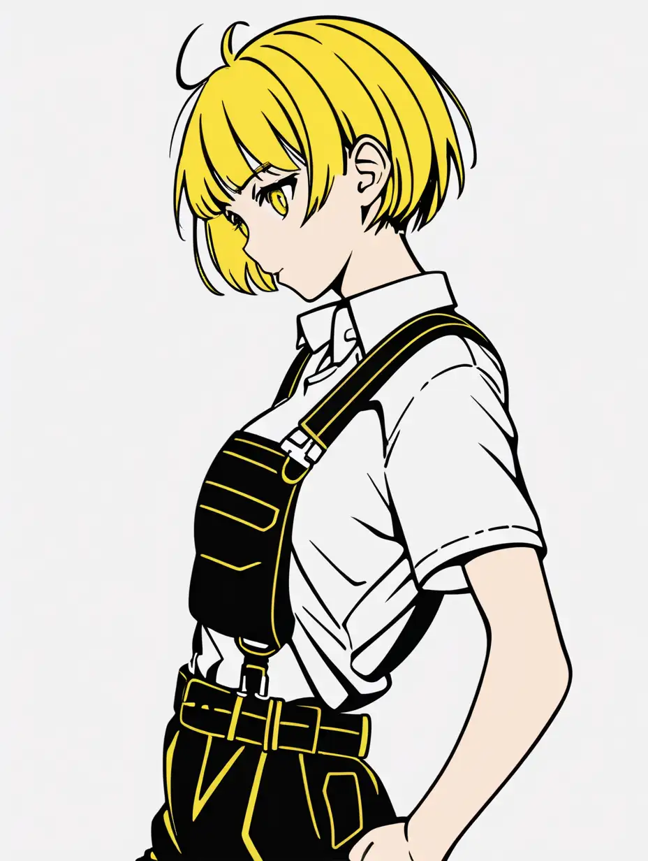 anime girl hero face profile short hair posterize yellow black white 3 color minimal design action short shirt midriff suspenders full body