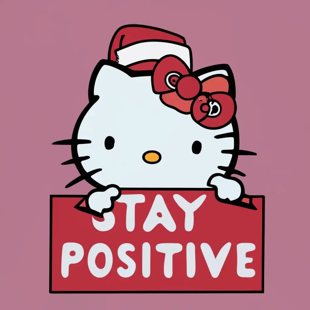 logo, Hello Kitty holding sign, with the text "Stay Positive", typography