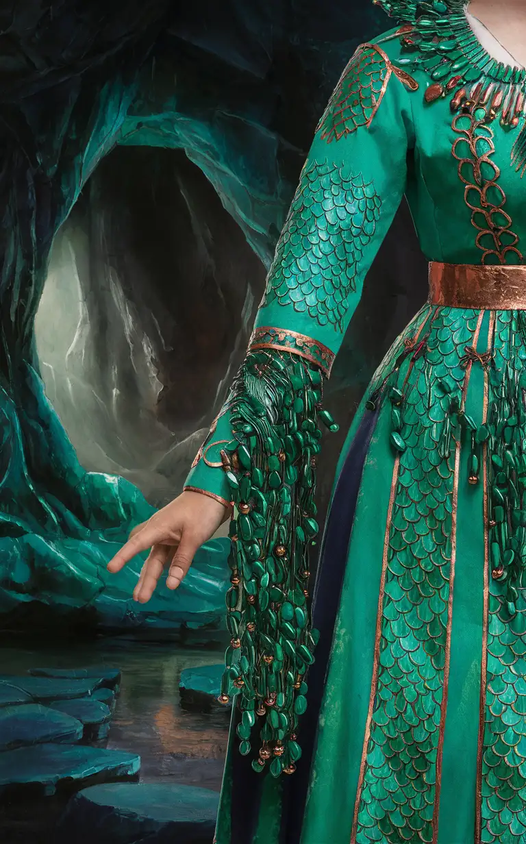 Siberian-Folk-Dress-with-Malachite-Details-in-Mysterious-Cave
