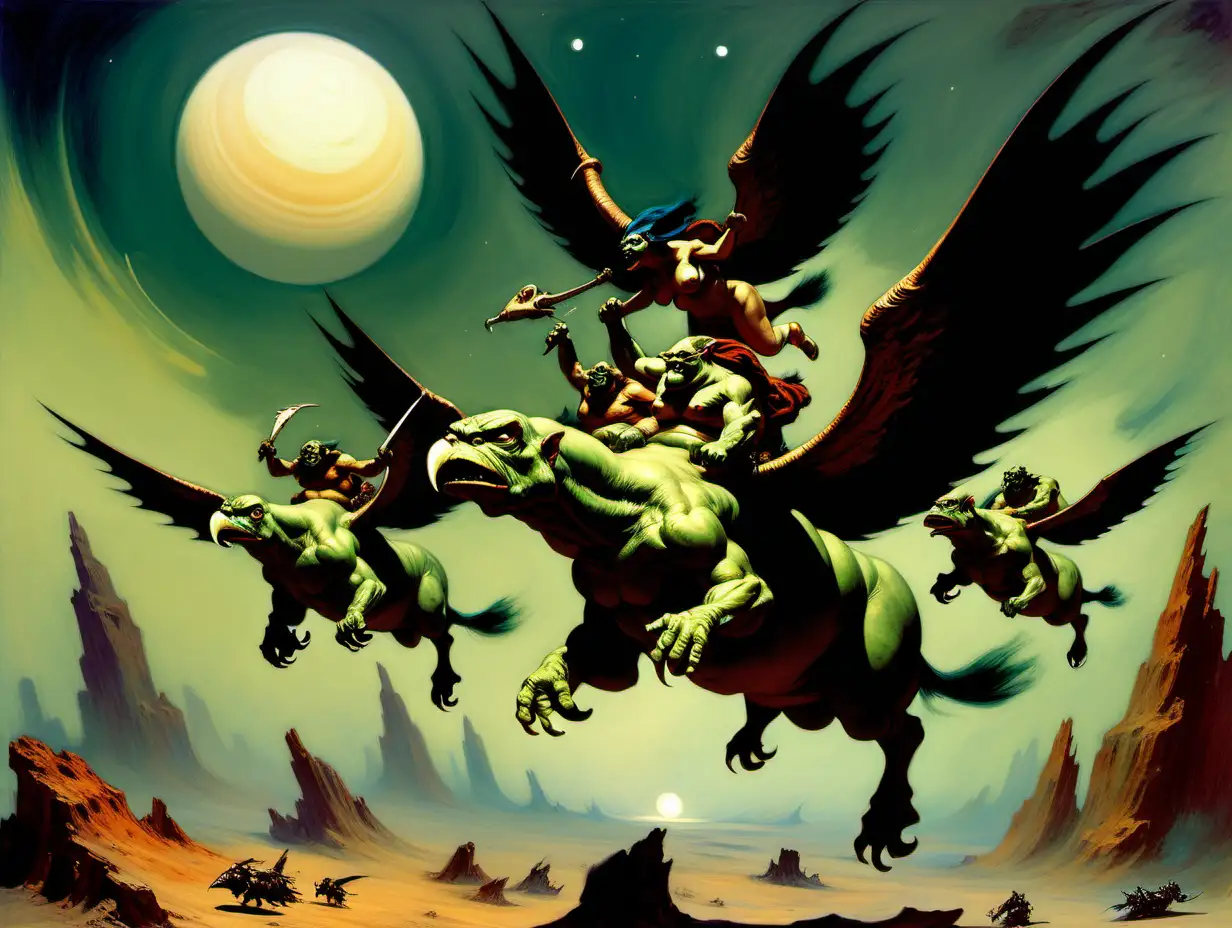 Ogres riding on giant birds flying over Saturn Frank Frazetta style
