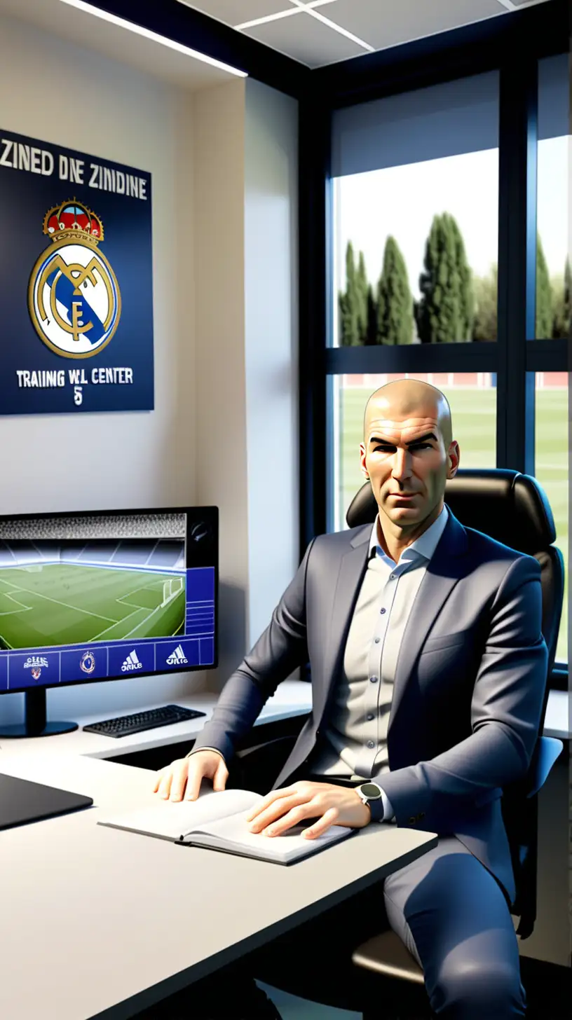 a football office with Zinedine Zidane seating at his desk. A window with the training center behind him