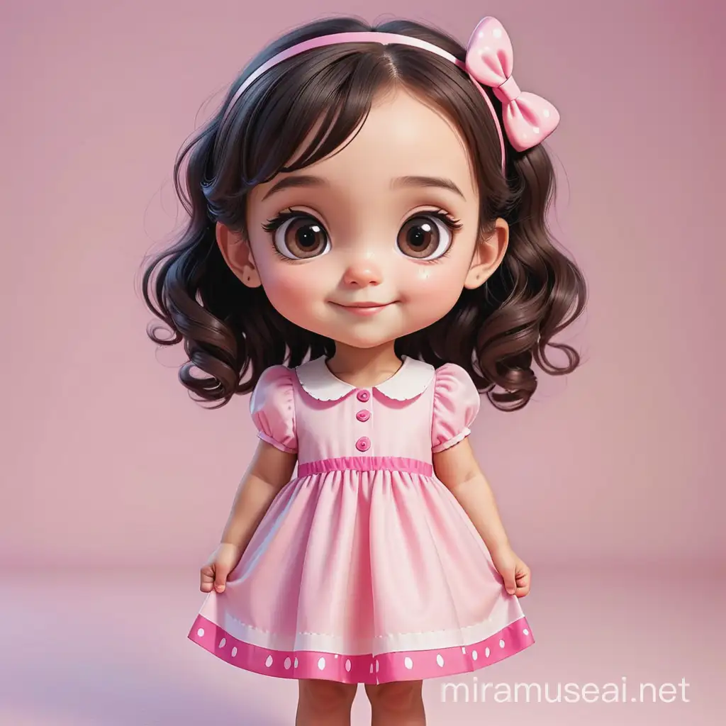 A haqppy female kid have a 3 years old , light skin, dark brown big eyes, dark brown hair, pink candy dress, cartoon type