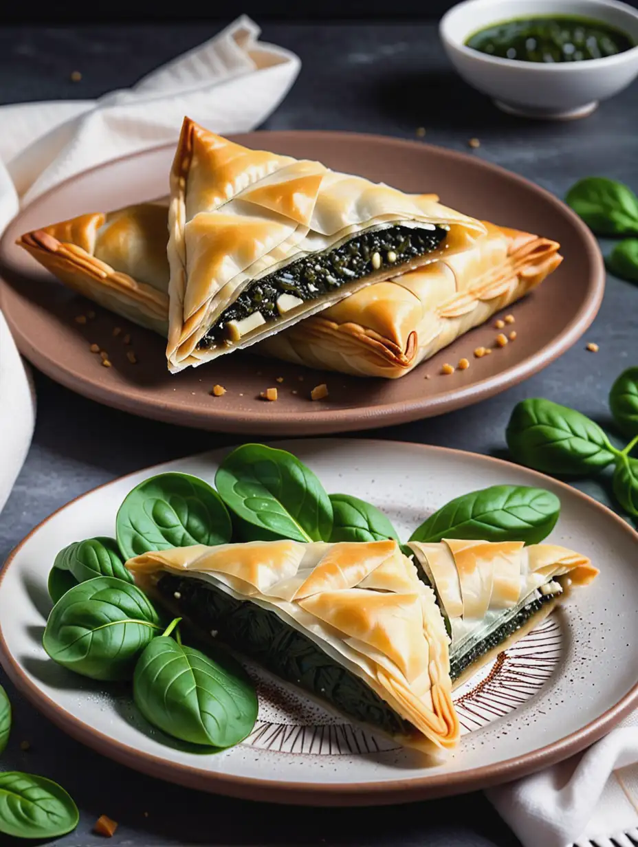 Two plates of spanakopita with unique filo pastry and spinach filling patterns.