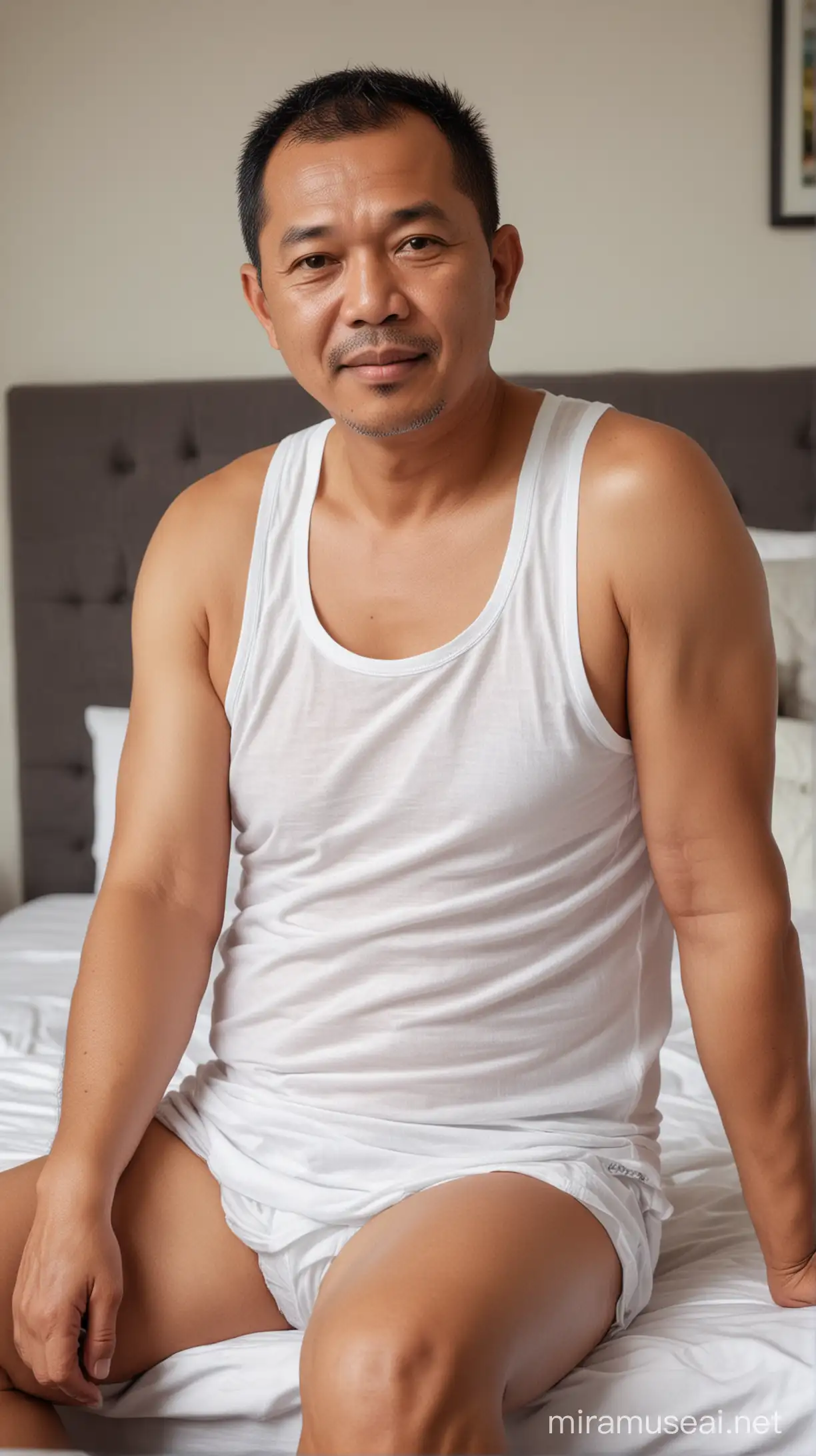 Foto realistis,bapak bapak indonesia usia 55 tahun badan gemuk,rambut cepak pendek,pakai tank top putih,celana dalam putih,sedang duduk di atas tempat tidur