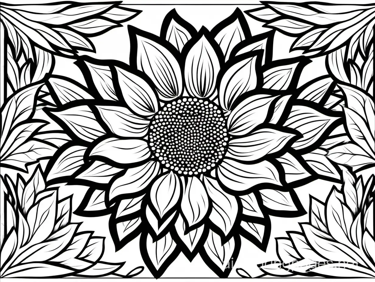 Symmetrical SIMPLE pattern comprized of black and white sunflowers, isolated in a white frame, in a white background, Coloring Page, black and white, line art, white background, Simplicity, Ample White Space. The background of the coloring page is plain white to make it easy for young children to color within the lines. The outlines of all the subjects are easy to distinguish, making it simple for kids to color without too much difficulty