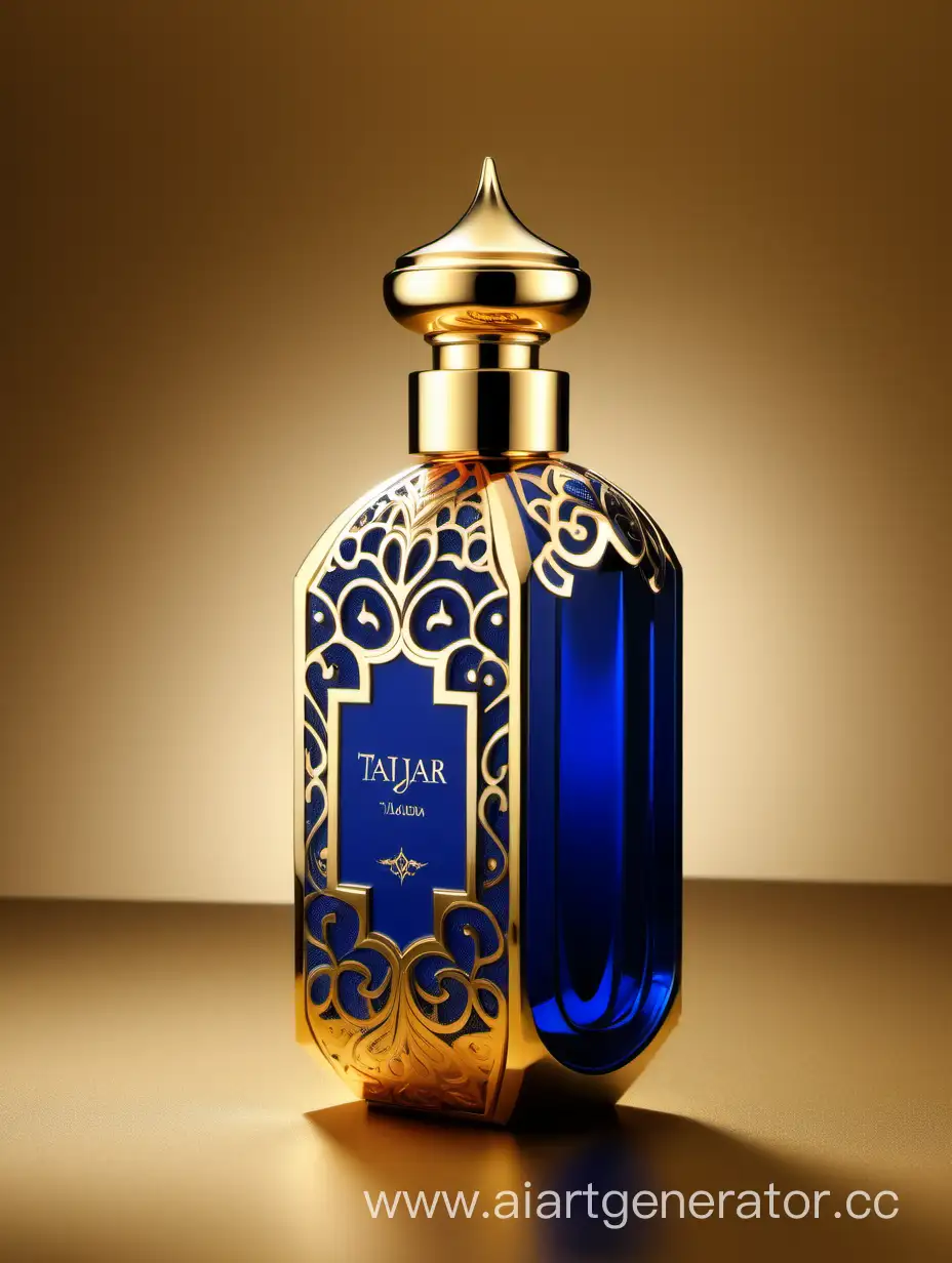 Box package design of perfume TAJDAR product, elegant, trending on artstation,   sharp focus,   studio photo,   intricate details,   highly detailed,   gold, Royal Blue and beige color on gold background