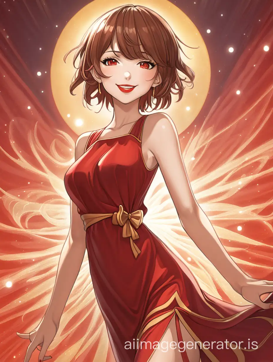 Solaria, sun goddess, red lips, brown short hair, red dress, anime art style, happy
