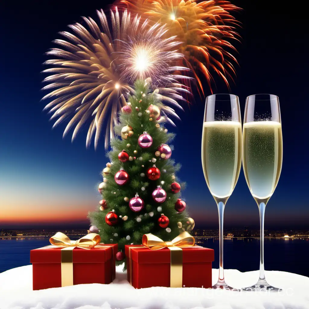Festive-New-Year-Celebration-with-Christmas-Tree-Fireworks-and-Champagne