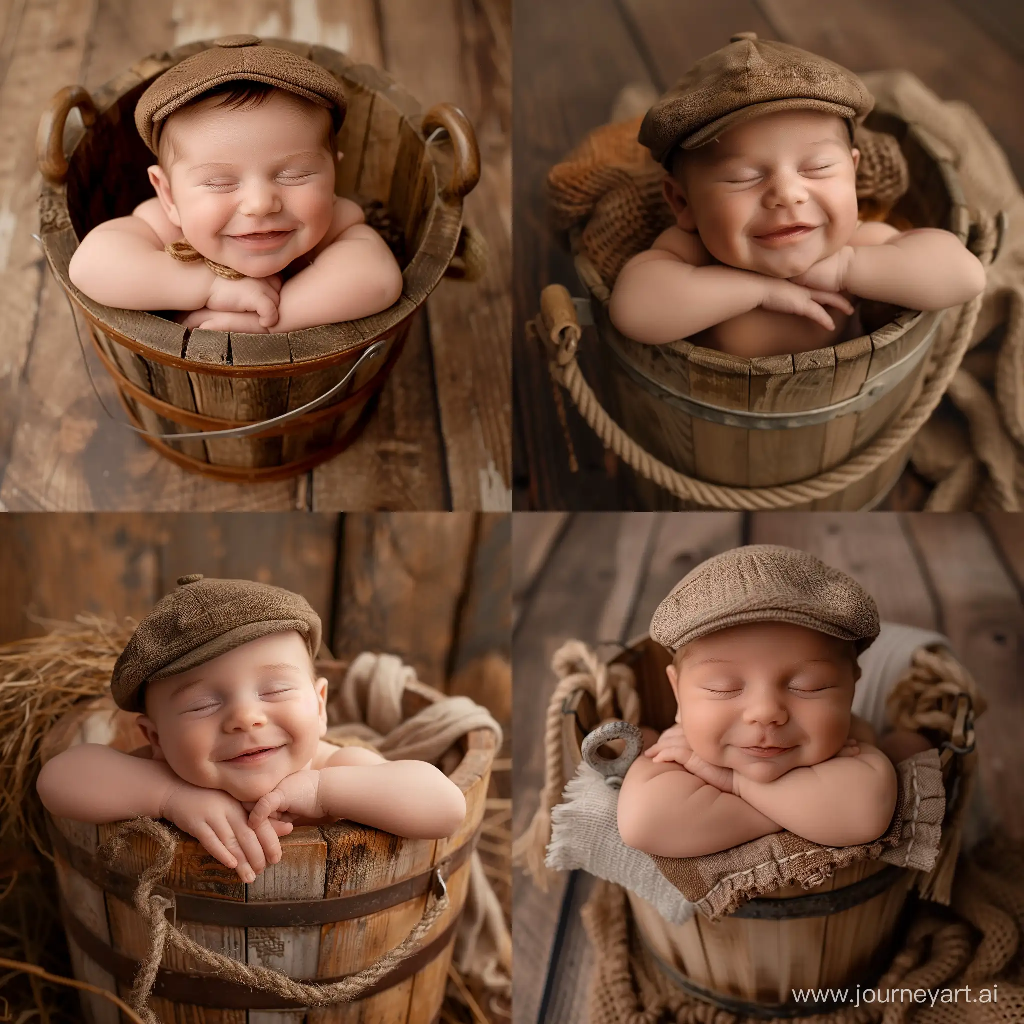 рекламный креатив для фотографа новорожденных, новорожденный мальчик в колпаке в деревянном ведерке ручки под подбородком улыбается