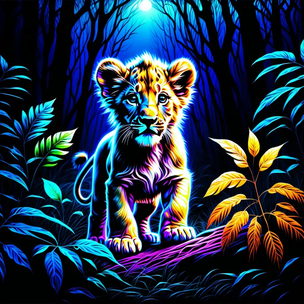 Baby lion in the forest, blacklight paingting style, hyper realistic, ultra detailed