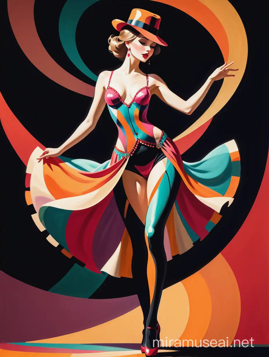 Vibrant Cabaret Girl Dancing Abstract Stylized Figures
