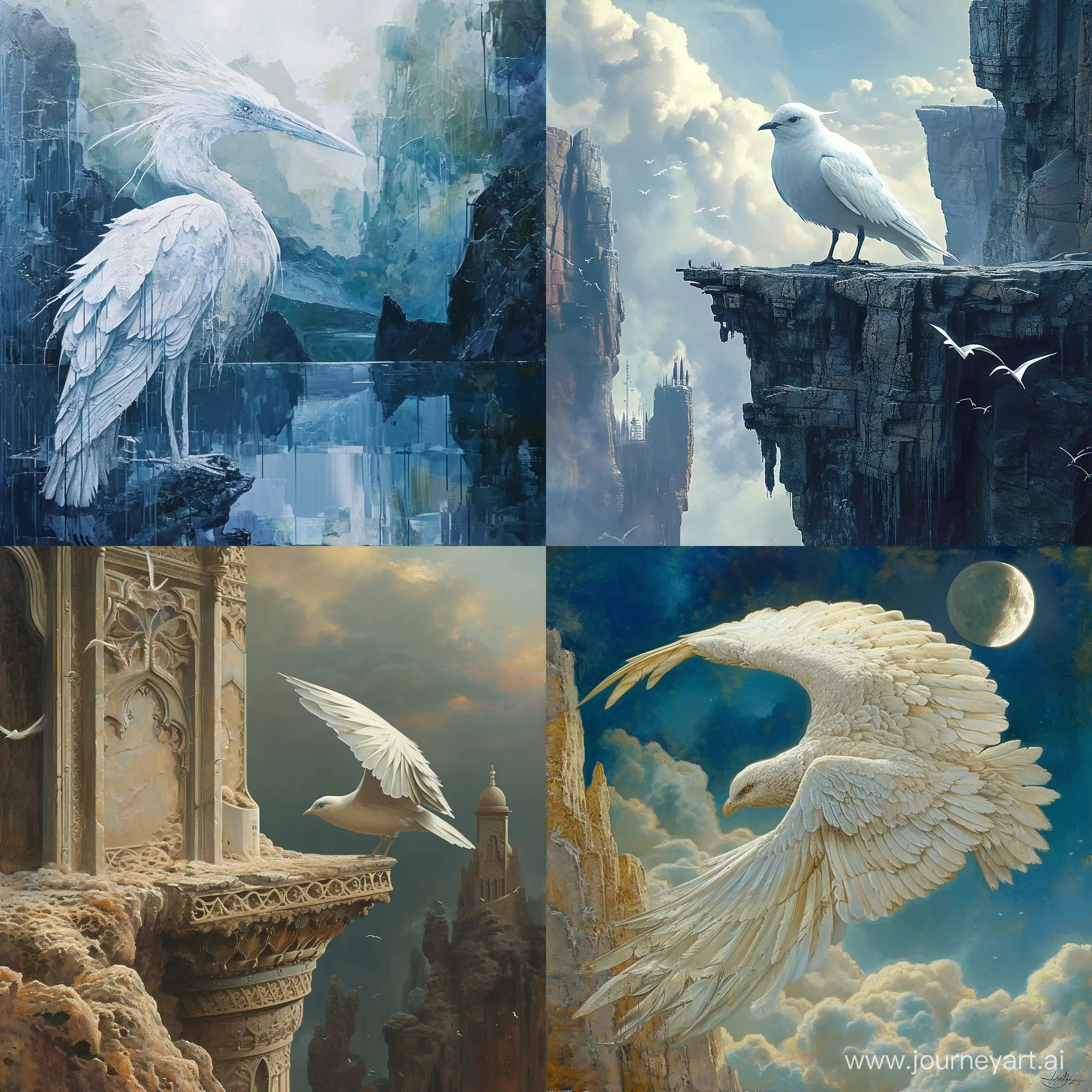 Concept::1.2 art 8K surrealism::1.1 fantasy, белый антропоморфный магический мистический голубь стоит на краю обрыва, --v 6