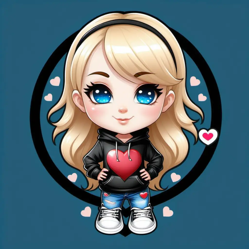 Create a logo with a blonde blue eyes chibi girl wearing black sweatshirt that says GEEKY DWEEBUS DESIGNS  and wearing jeans black tennis shoes with hearts 