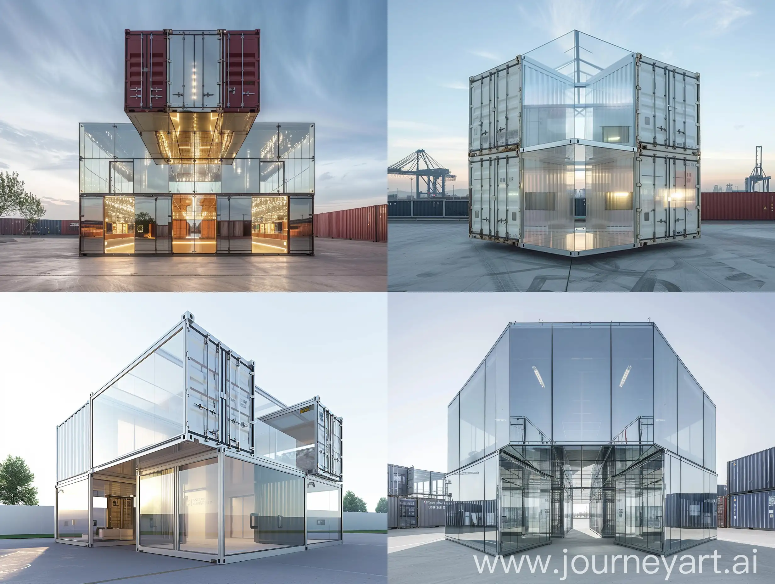 fourteen meter translucent mirrored cube, built around three twelve meter shipping containers, stacked in a staggered fashion, each with glass doors at each end