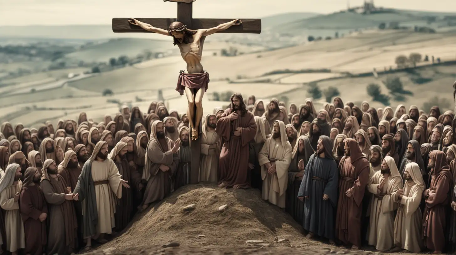 Jesus crucifixion on a hill in front of his followers, a very dangerous close up seen



