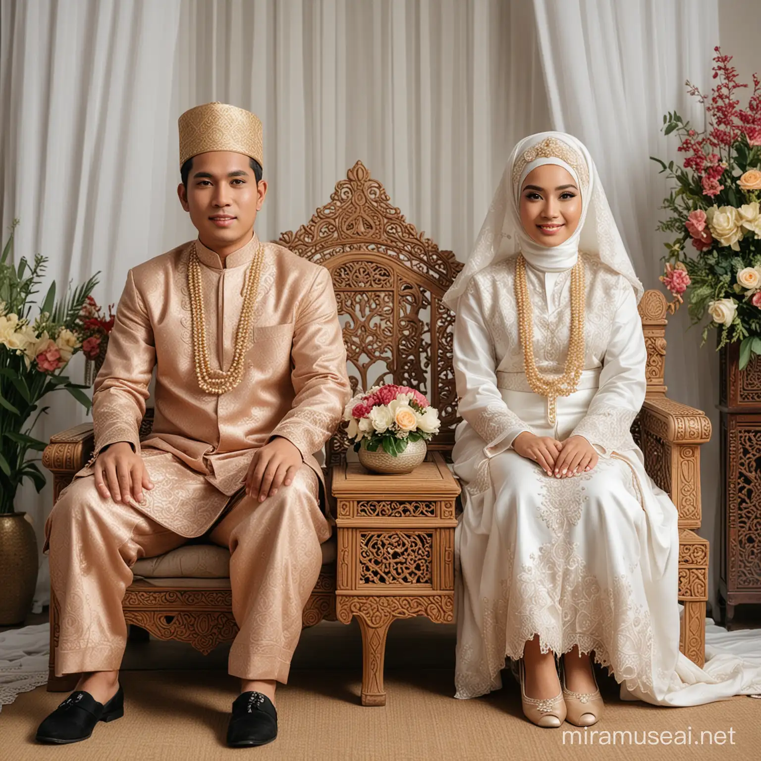 Foto wedding  pengantin laki laki dan perempuan memakai hijab,memakai busana pengantin adat Jawa indonesia sedikit gemuk,memakai sepatu,duduk di kursi pelaminan,foto asli nyata,tanpa ekspresi
