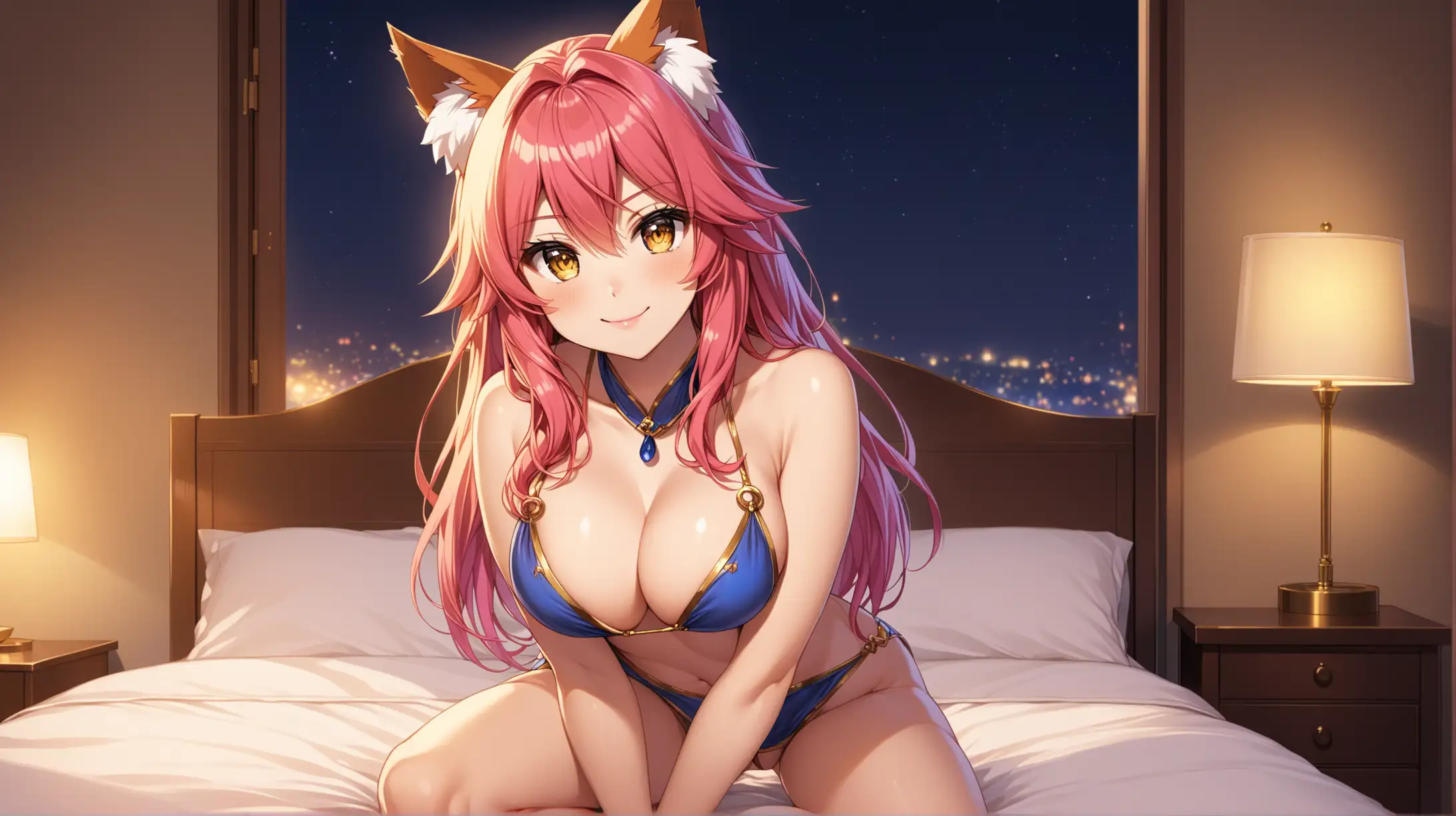 Draw the character Tamamo no Mae, pink hair, gold eyes, high quality, dim lighting, long shot, indoors, bedroom, seductive pose, wearing colorful revealing clothing, smiling