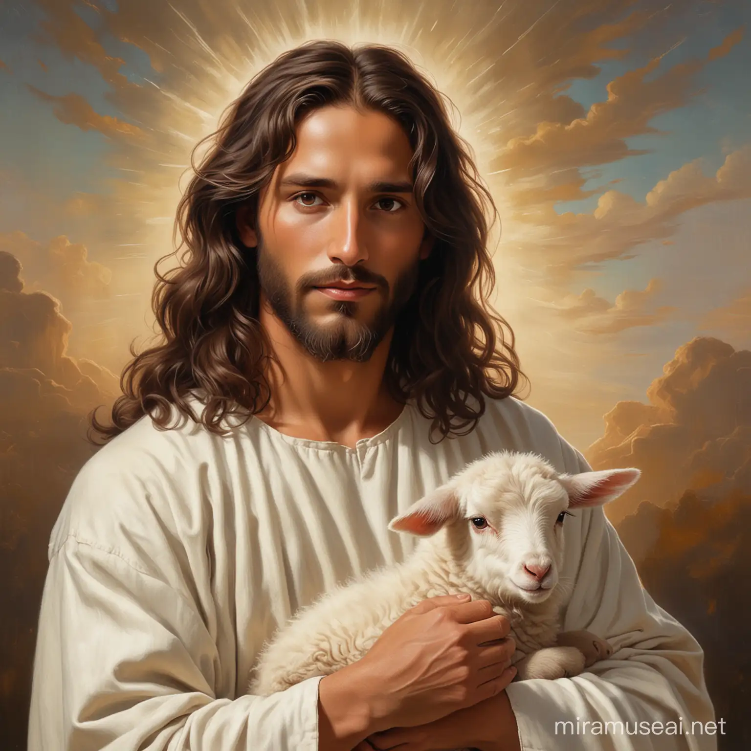 A PAINTING OF JESUS, WITH LONG, DARK BROWN WAVY HAIR AND BROWN EYES, HOLDING A LAMB
