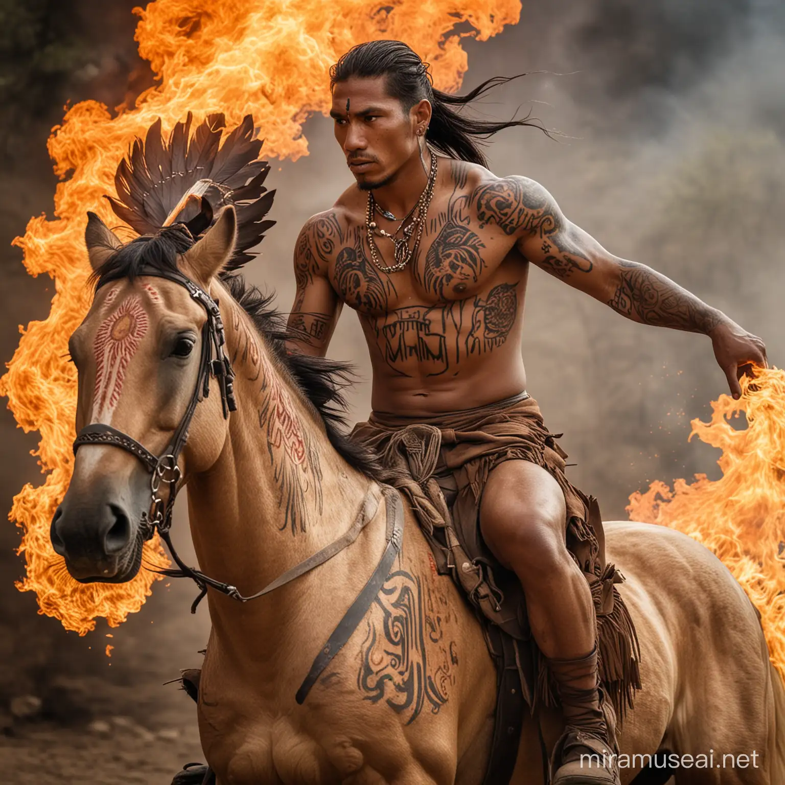 an indigenous man with T tattoos, riding a flaming horse;