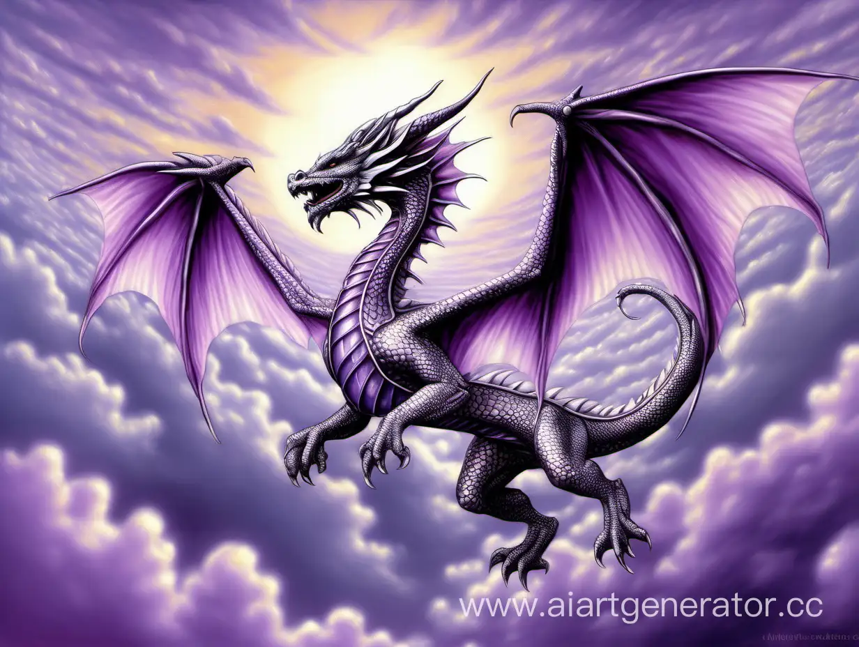дракон серебряный блики сиреневые облака крылья полет фэнтези  небо высокая детализация