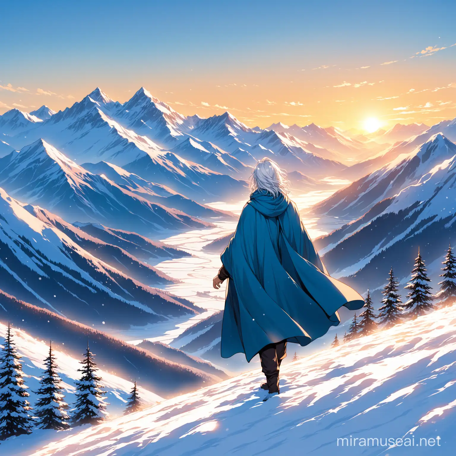 eine große Gebirgskette, sonnenaufgang, winter, schneebedeckte Berge, ein junge mit langen silbernen haaren und blauen Augen wandert durch die Berge, magier, blauer umhang, winterklamotten