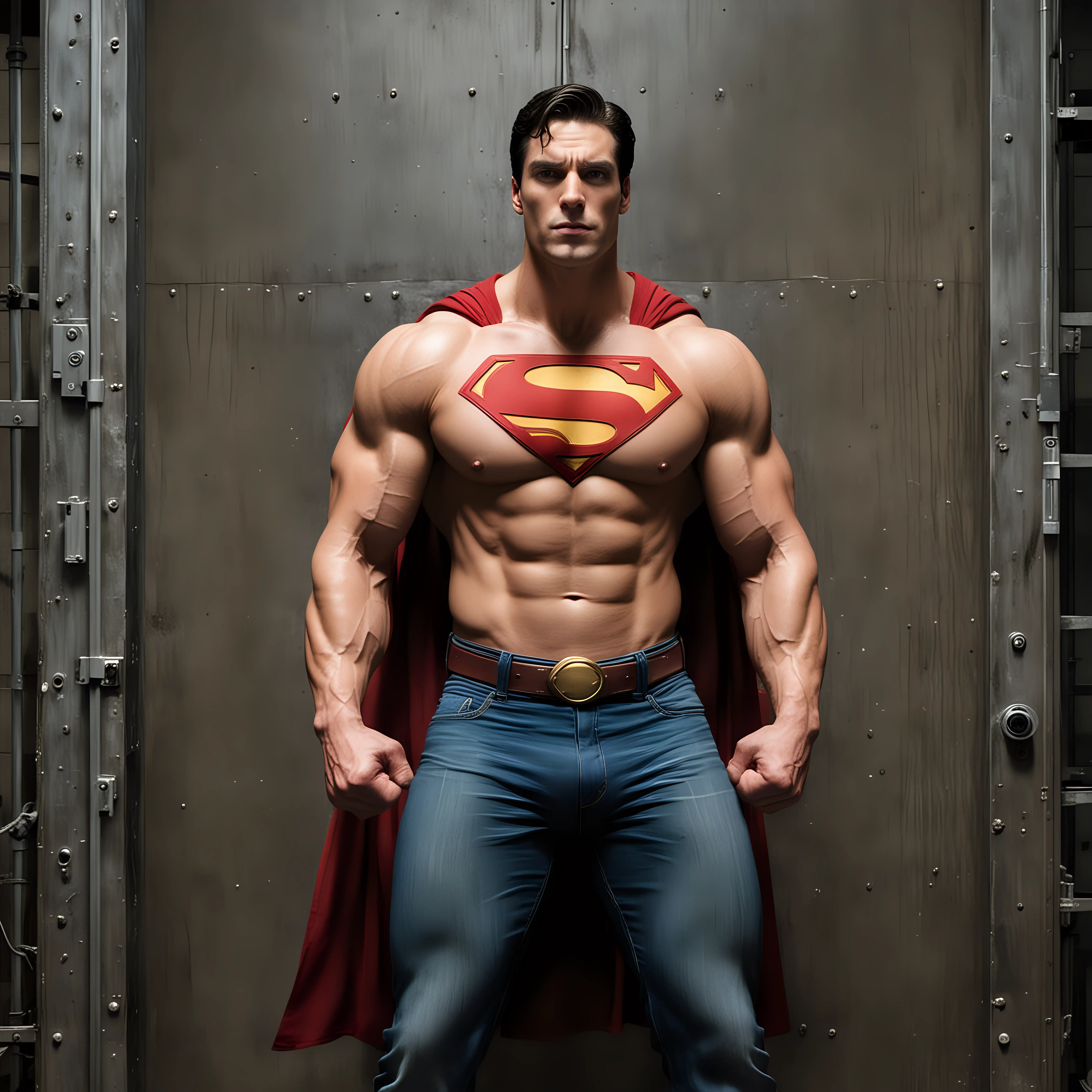 Very large bare chested  superman with huge biceps and six pack abs breaking through a steel wall into a laboratory
