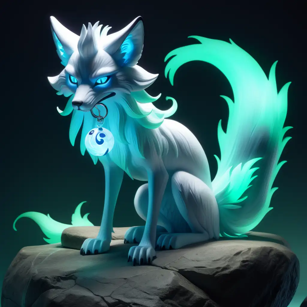 一只幽魂狐狸，坐在石头上，侧面，全身长毛，邪恶，露出尖牙，阴森恐怖的感觉，幽蓝色眼冒绿光，九条尾巴，颈部挂着夜光珠