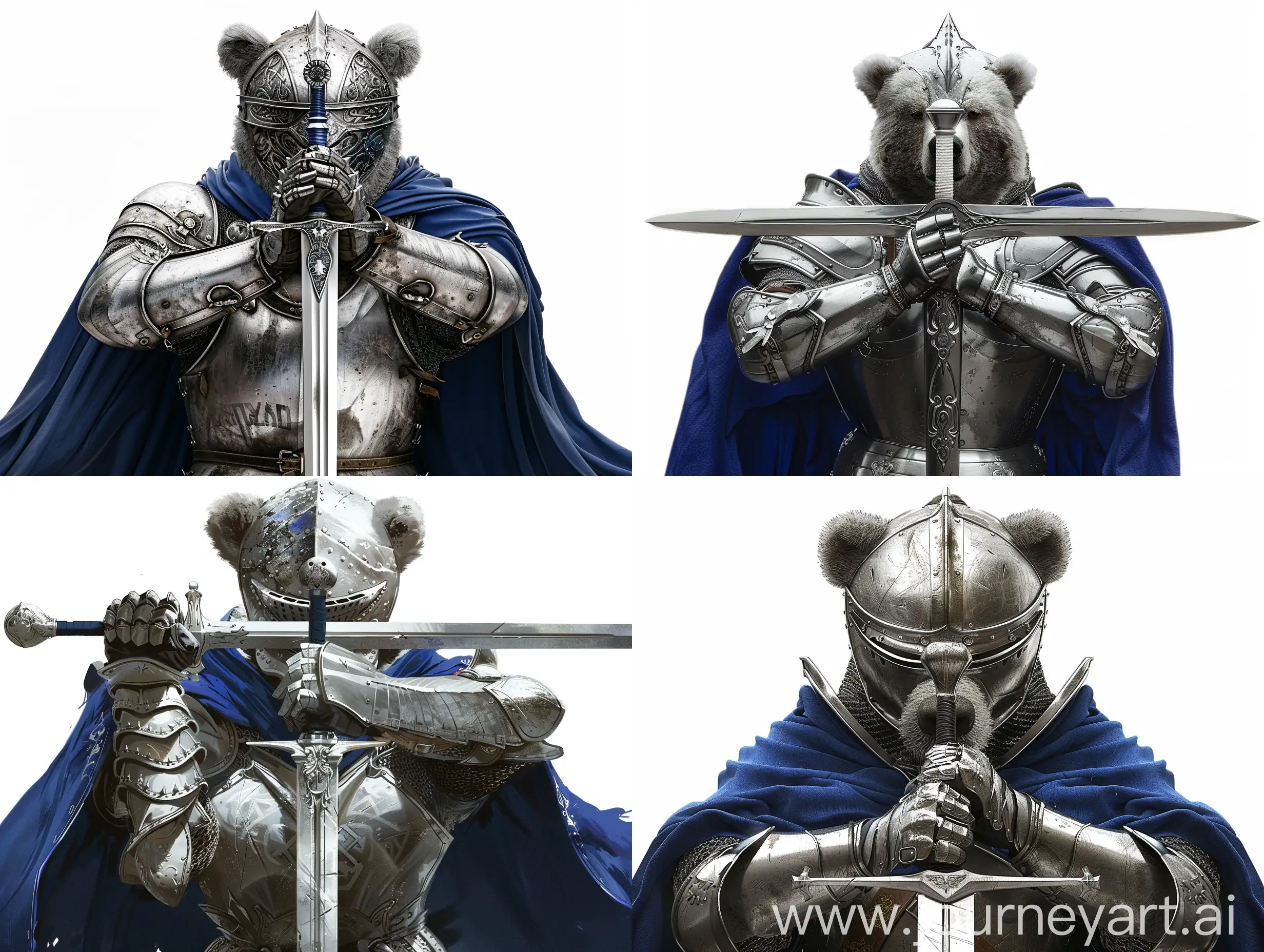 Knight with a silver armor with bear sholders holding a sword infront of his face with royal blue cloak on his back, white background full body character