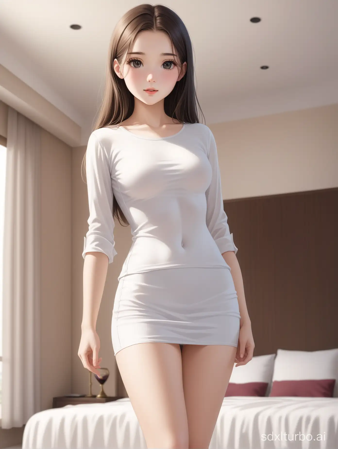 Best exquisite masterpiece photorealistic movie ultra detailed. Woman (18 years old) is adorably pretty beautiful, natural feminine beauty, white skin, soft brunette hair, BLACK eyes, hourglass figure, wearing tight white shirt and white short skirt, wide shot,