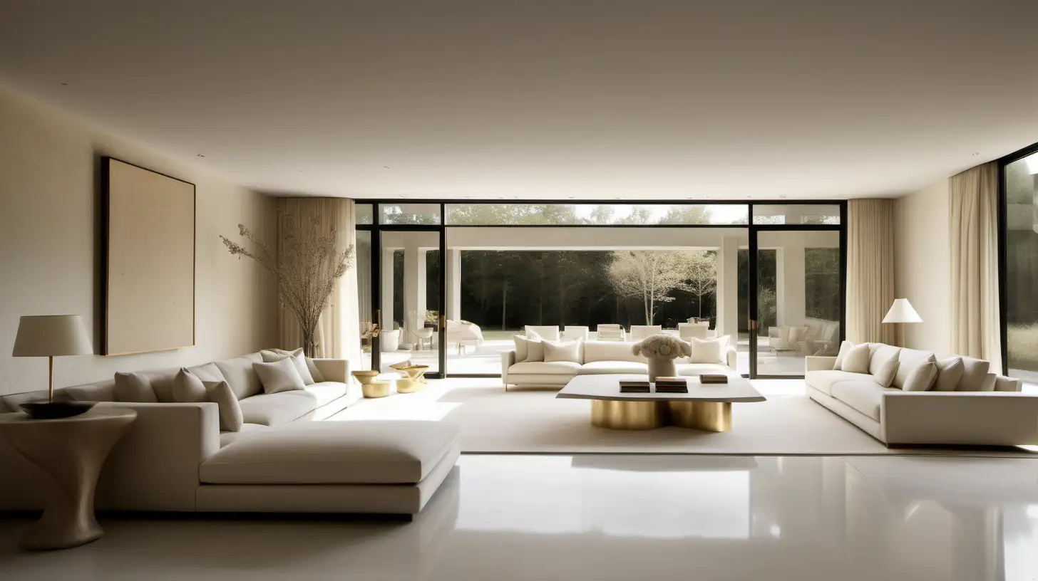 Hausmannian minimalist Organic estate home; ivory, beige, blonde oak, brass;