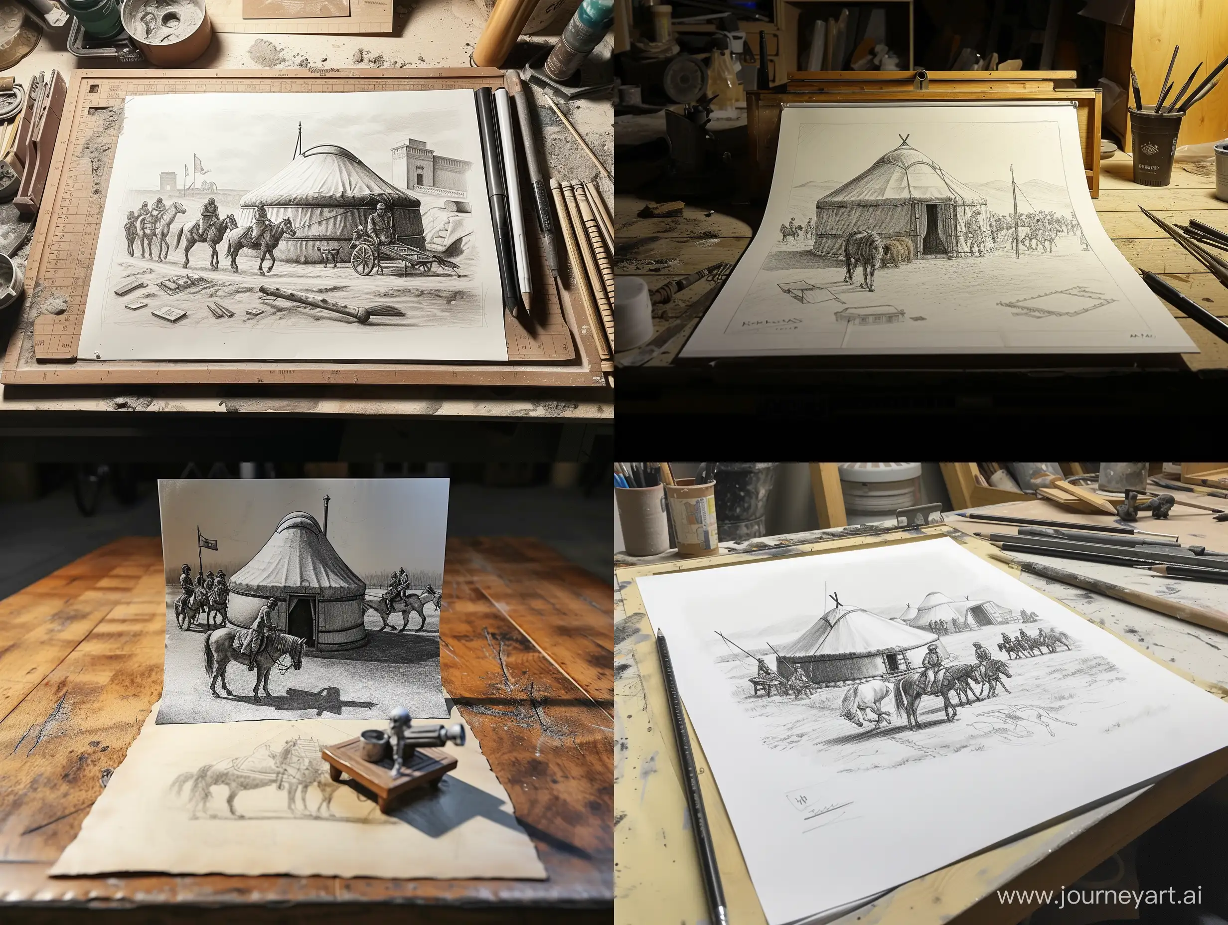Realistic-Work-Table-with-Kazakh-Yurt-Sketch-and-KokPar-Game