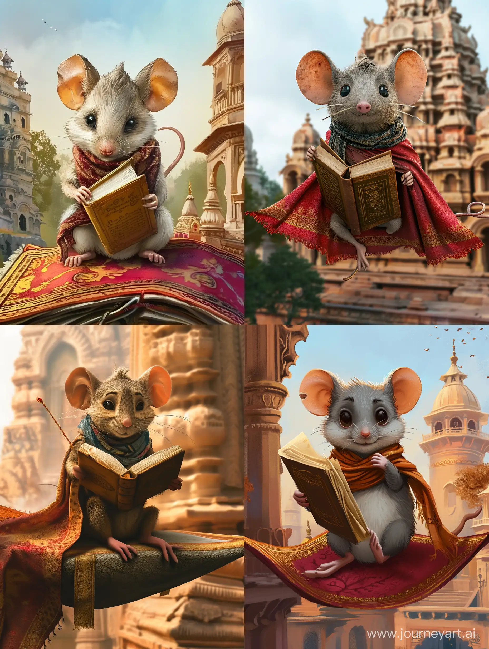 mouse detective on flying carpet holding book and scarf on neck

location: temple in india