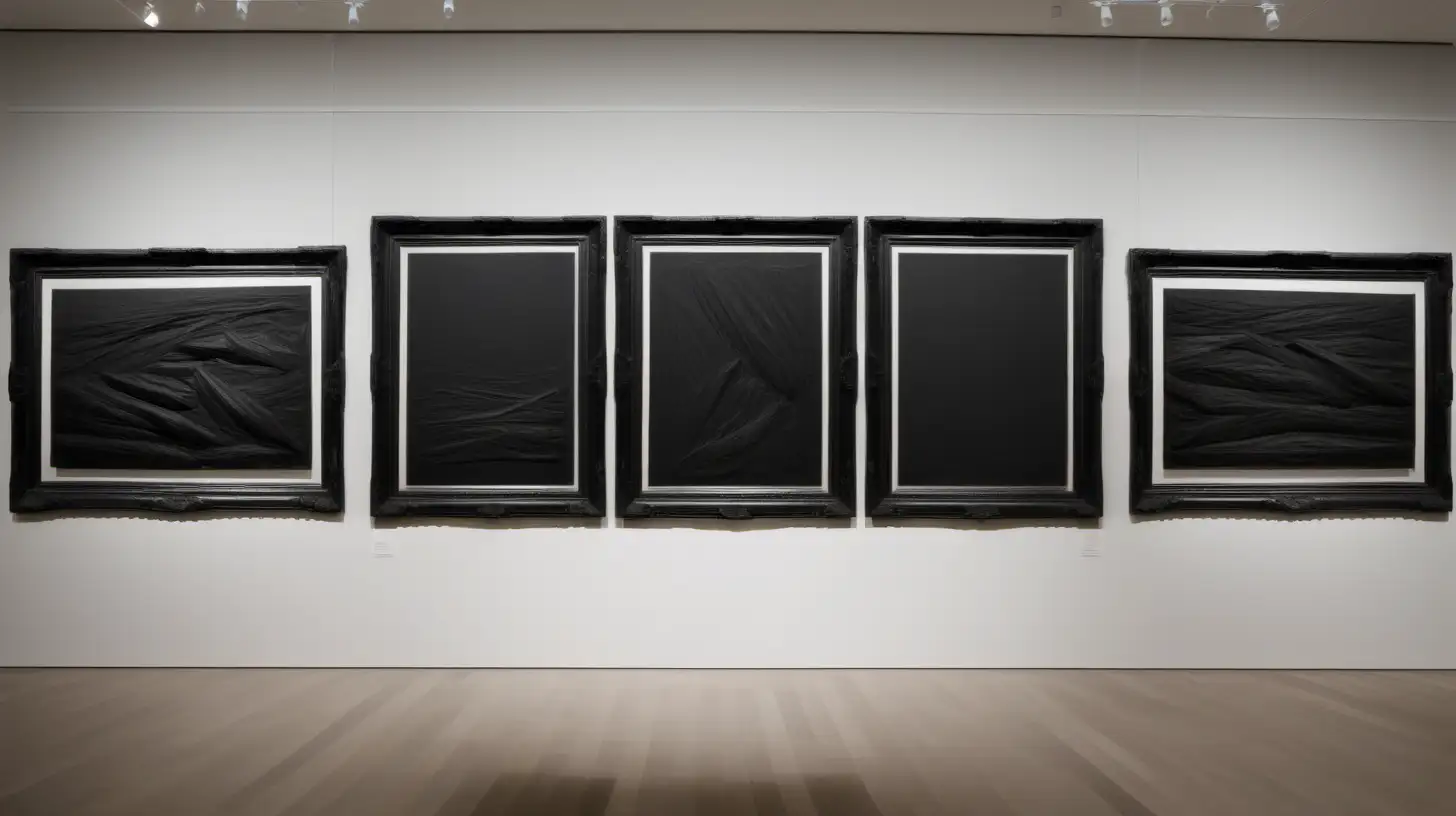 Art Museum room with three horizontal frames against one wall and solid black paintings