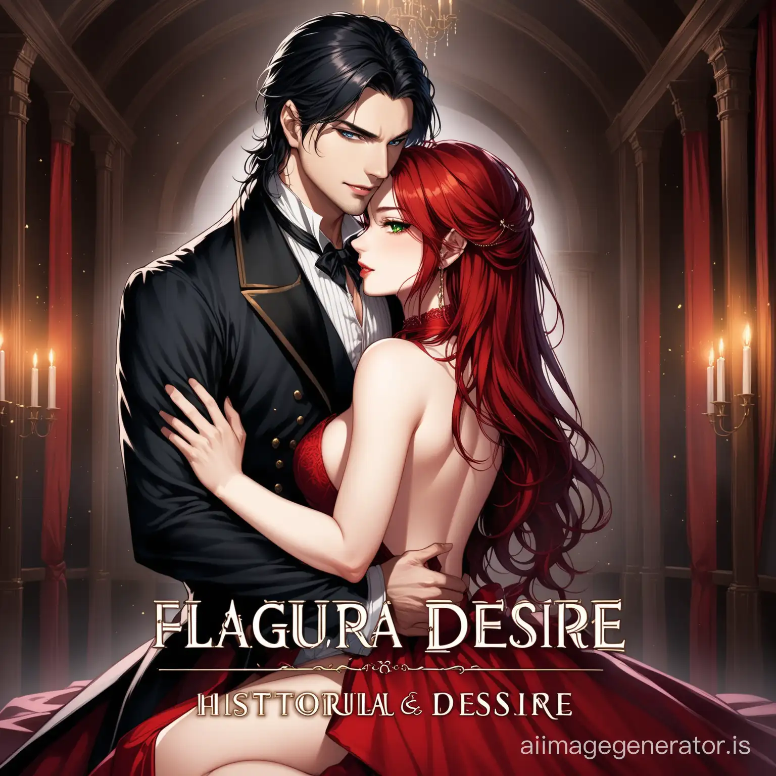 A very handsome vampire with black hair and blue eyes with a very beautiful courtesan with red hair and green eyes. They'd be sitting in an sensual position from the back with his hand wrapped around her throat. Historical. In a Pleasure house. Should be beautiful and realistic. Fit for a Webnovel book cover with the name Facade of Desire written elegantly and the author's name bluebeeryl written below.