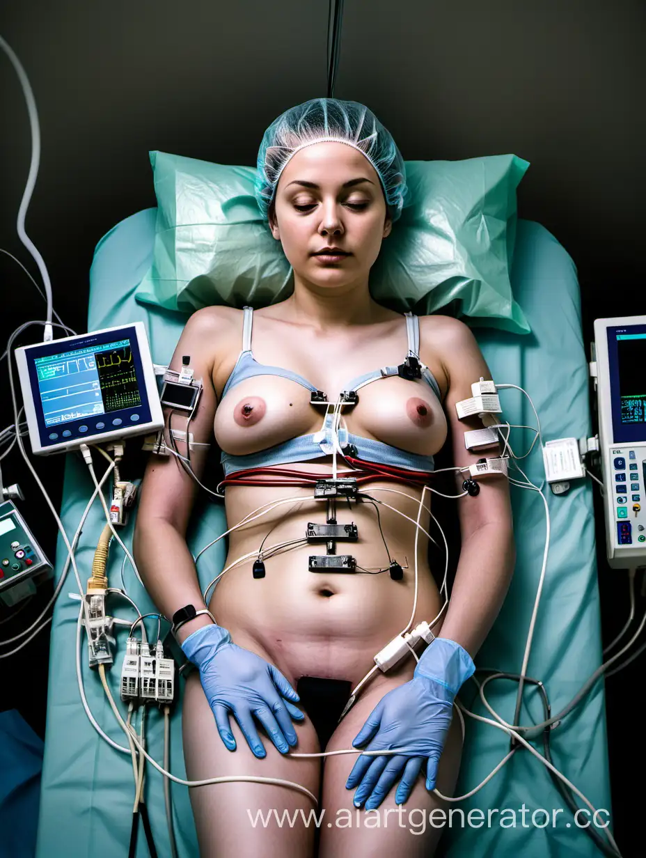 Young woman strapped down to the operating table in a hospital operating room. She is connected to heart monitors and sensors with at least twenty electrodes on her body, breasts, and chest, connected to wires. There are EKG sensors on her chest. She has a blood pressure cuff on her arm. She is connected to many tubes and wires. She has a natural body and is slightly overweight.