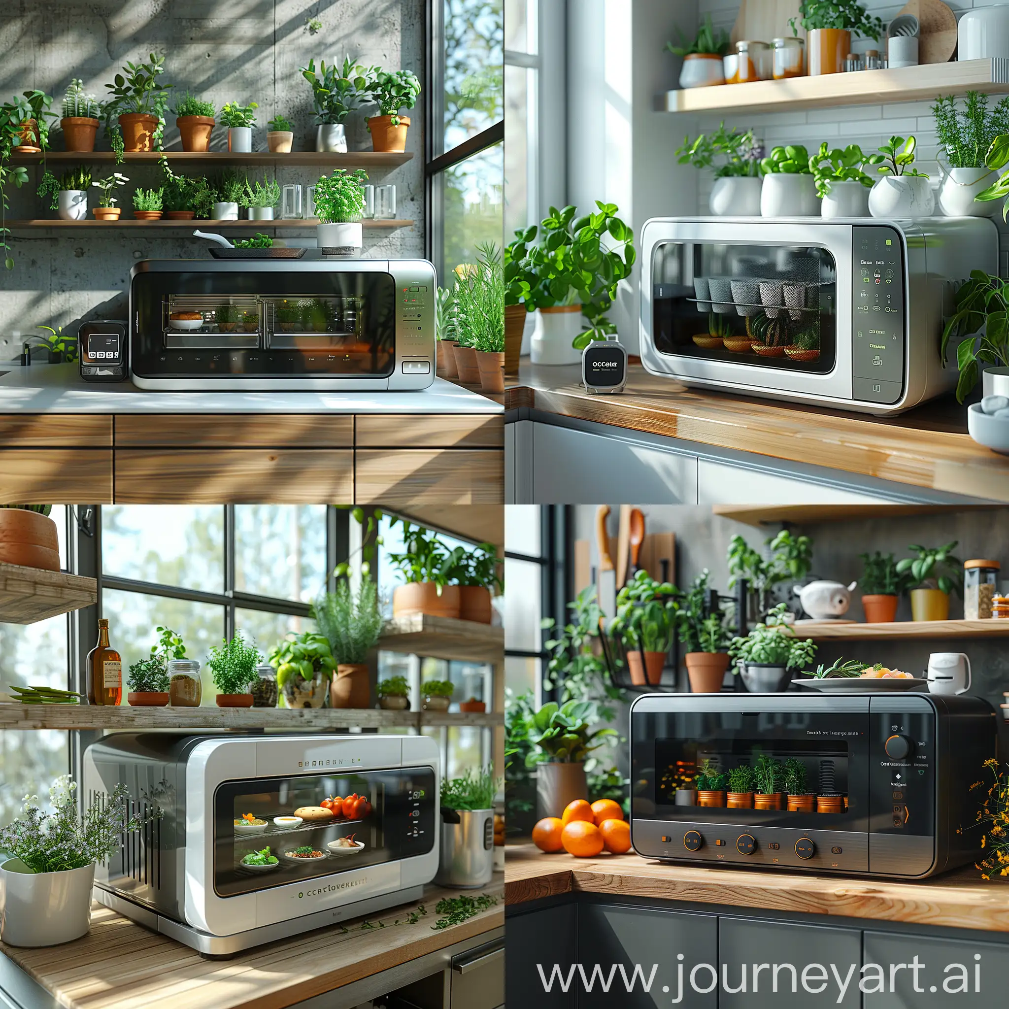 Futuristic microwave, Energy-efficient design, Solar-powered option, Smart sensors, Recycled materials, Low standby power consumption, Eco-friendly cooking options, Compostable packaging recognition, Automatic shut-off feature, Minimalistic design, Longevity and durability, Voice control, AI-powered cooking assistant, Touchless controls, Integrated cameras, App connectivity, Multi-cooking functions, Self-cleaning technology, Inverter technology, Augmented reality display, Holographic controls, Built-in air fryer, Instant pot functionality, Built-in sous vide, Built-in food scale, Smart storage containers, Refrigeration drawer, Herb garden station, Smart barcode scanner, Multi-functional cutting board, Integrated smart assistant, octane render --stylize 1000