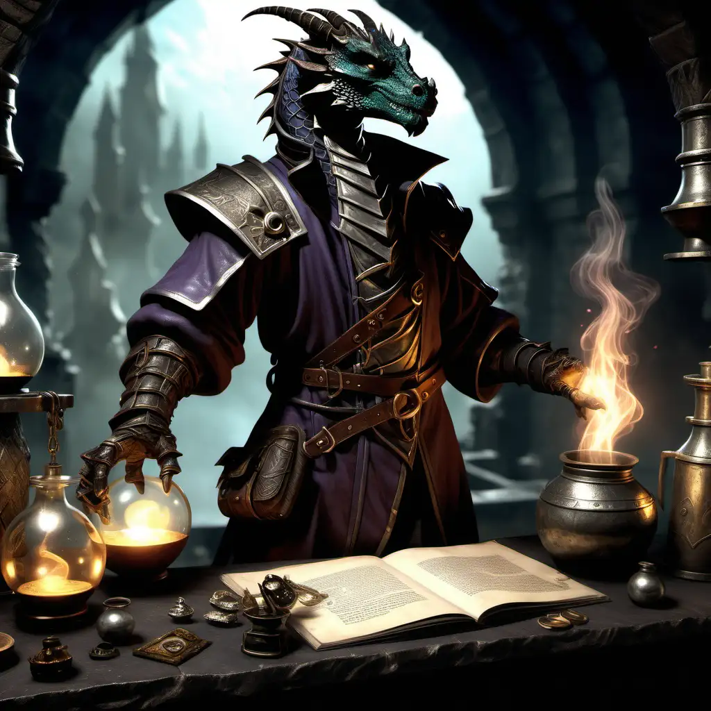 Subject: A captivating scene featuring a black dragonborn alchemist, creating an air of mystique and fantasy. The dragonborn, with distinctive scales and a humanoid form, is the central focus of the image, immediately drawing attention. The character is portrayed as an alchemist, suggesting a mix of magic and science. Setting: The background exudes an otherworldly atmosphere, hinting at a mystical laboratory or an enchanted workshop. Eerie lighting and swirling magical elements enhance the overall fantasy ambiance, reinforcing the alchemical theme. Style/Coloring: The image is crafted with rich, dark tones, emphasizing the dragonborn's mysterious nature. The alchemist's tattered clothes add character and convey a sense of ruggedness, hinting at a journey filled with magical experiments and adventures. Action: The dragonborn alchemist is shown in a dynamic pose, engaged in an intriguing alchemical process. Bubbling potions, floating orbs, and mystical symbols contribute to the sense of magical activity and experimentation. Items: Various alchemical tools and equipment surround the dragonborn, such as potion bottles, scrolls, and ancient artifacts. These items further emphasize the character's expertise in the arcane arts. Costume/Appearance: The dragonborn's scales are a deep, inky black, contrasting with the worn and tattered clothes draped across its form. The attire reflects a combination of practicality and the character's unique style, showcasing the alchemist's dedication to their craft. Accessories: The dragonborn may wear amulets or charms, each possessing magical significance. These accessories contribute to the character's overall mystique and hint at a deeper connection to the world of magic.