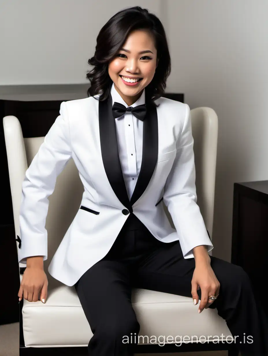 Elegant-Vietnamese-Woman-in-White-Jacket-Tuxedo-Sitting-and-Laughing