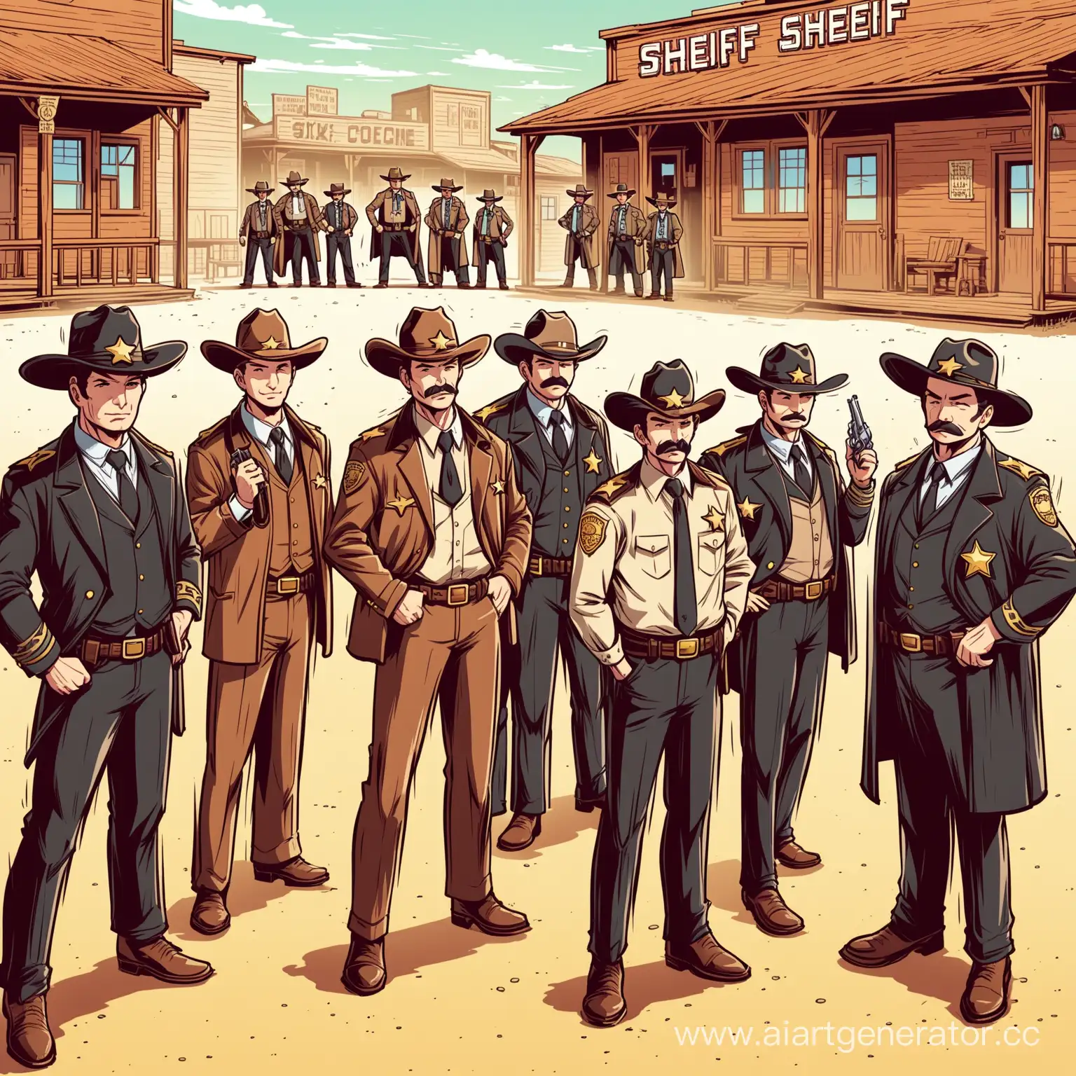 comix style sheriff, mayor, two detective, six cowboys and three policemans