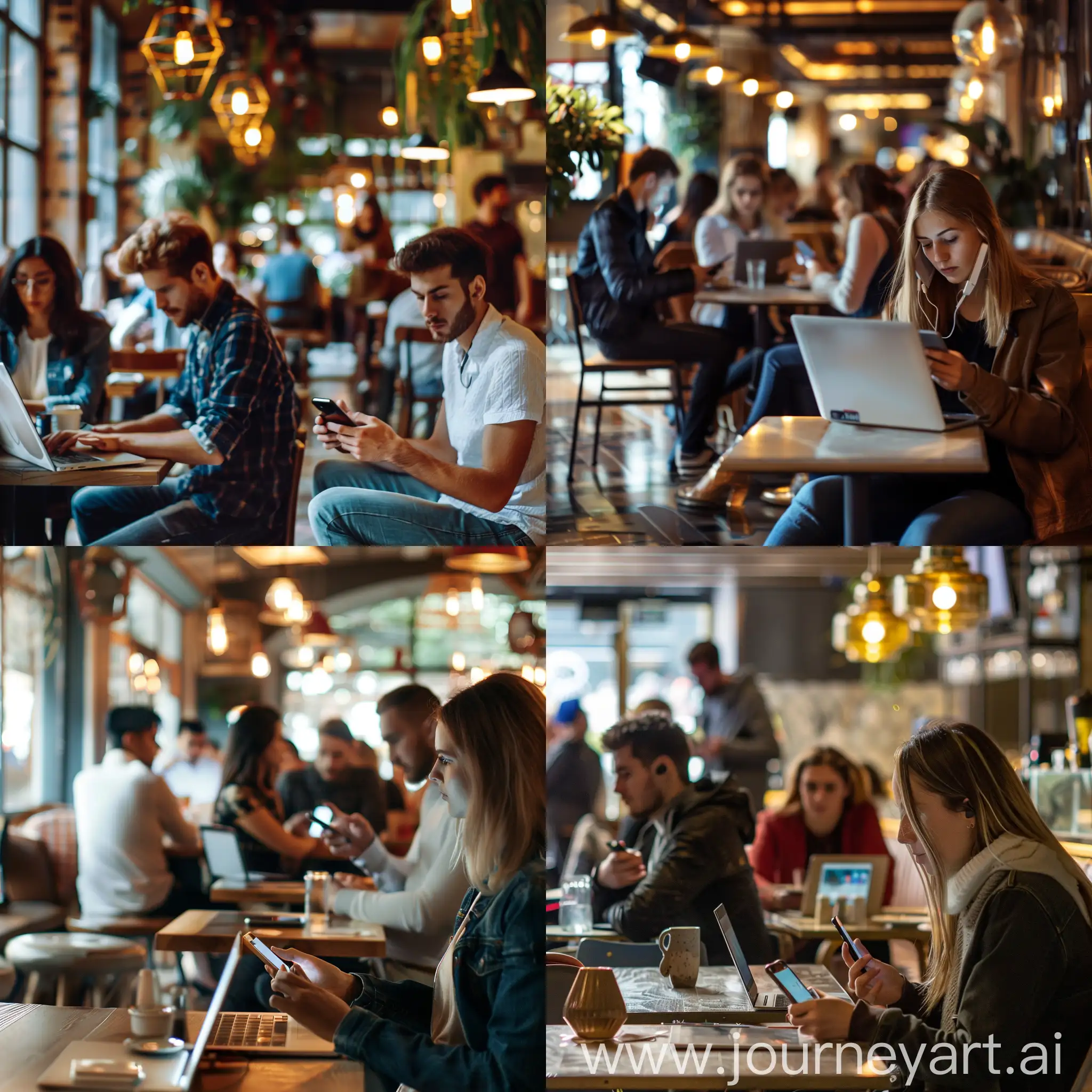 People sitting in a restaurant using their phones and laptop in the foreground while another group of people are seriously interacting