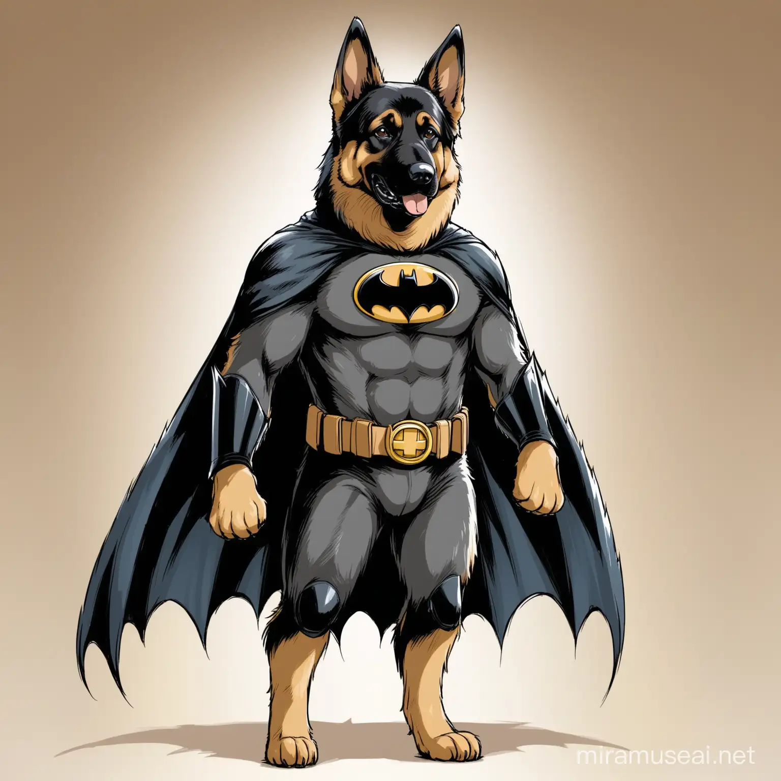 German Shepherd Dog Dressed as Batman Standing Upright