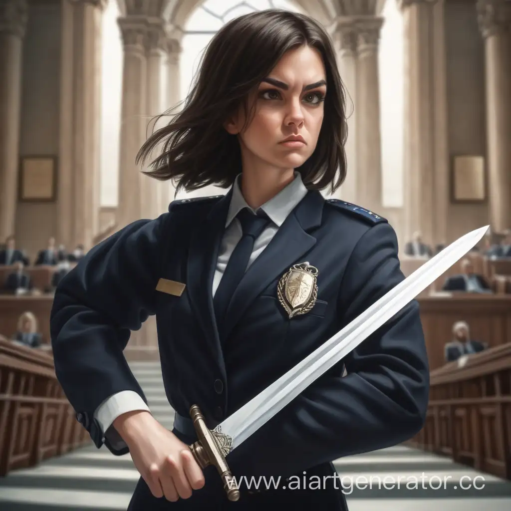 Девушка шатенка, судебный пристав, сражается за справедливость, в руках меч 


