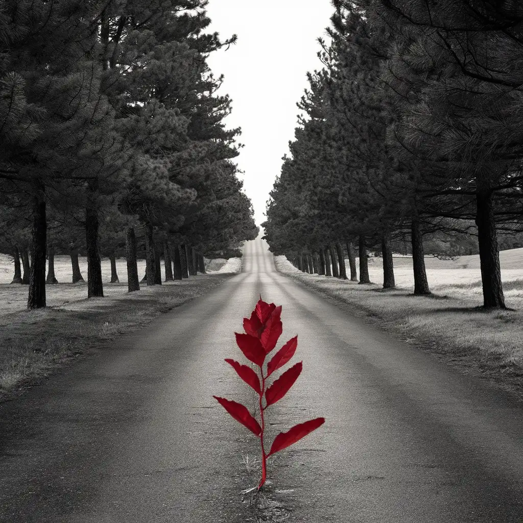 black and white photo of serene country road, with pine trees on each side. 
a flash of red is a focal point